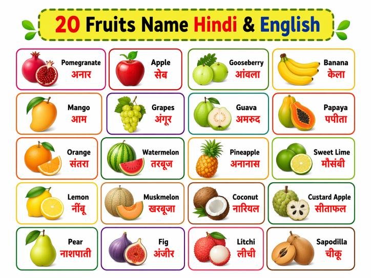 Fruits Name in Hindi English | फलों के नाम हिंदी और इंग्लिश में